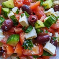 Greek Salad · Romaine hearts, cucumber, sliced red pepper, cherry tomato, red onion, Kalamata olives with ...
