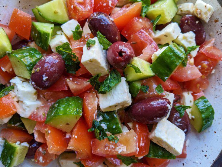Greek Salad · Romaine hearts, cucumber, sliced red pepper, cherry tomato, red onion, Kalamata olives with feta cheese, and Greek dressing. 