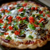 Healthy Veggie Pizza · Tomato sauce, mozzarella cheese, baby spinach, roasted peppers, artichoke hearts, roasted sq...