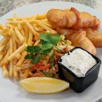Fish and Chips · Beer battered Alaskan Cod, Asian salad and fries. Served with tartar sauce.