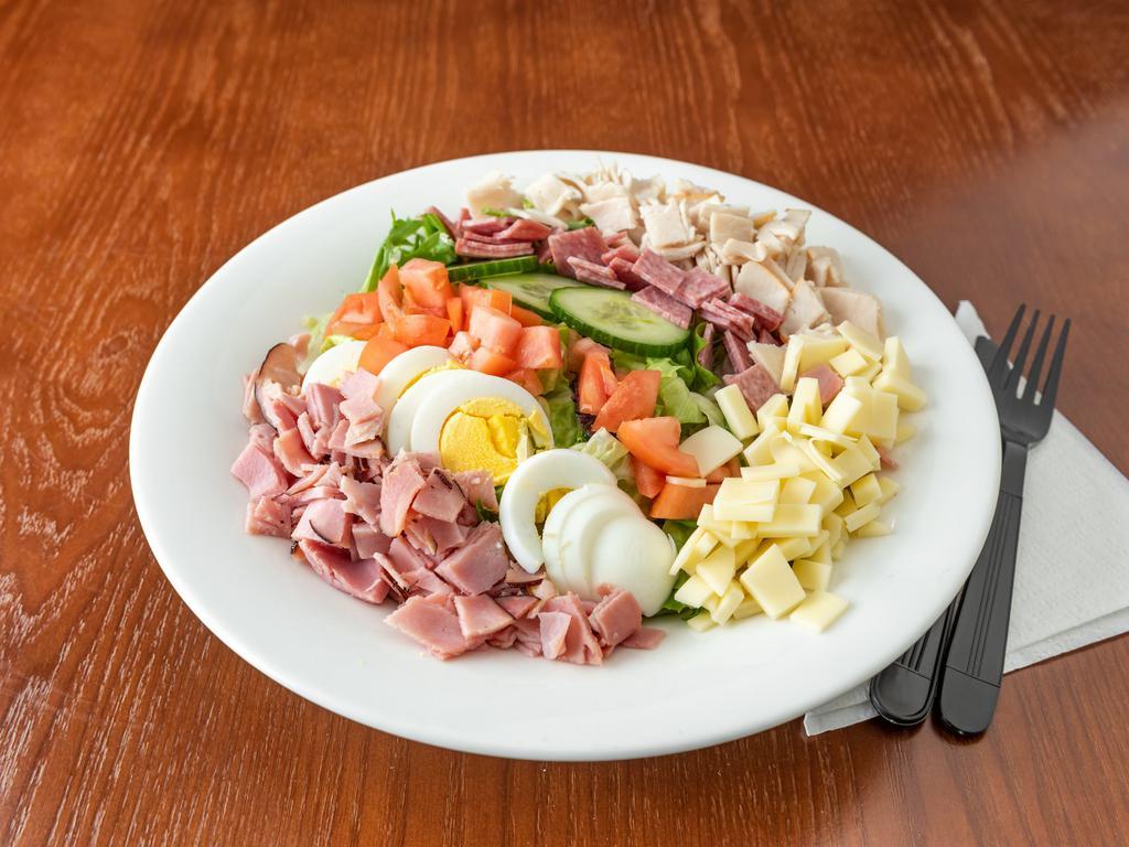 Chef’s Salad · Mixed greens, ham, turkey, salami, tomato, cucumber, provolone, hard boiled egg, ranch or Italian dressing.