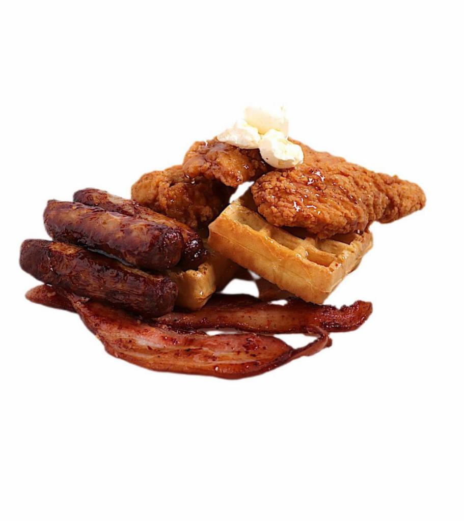 A.M regret LOADED  · Belgian waffle, powdered sugar, 2 thick cut applewood smoked bacon slices, 3 country all white chicken tenders and 3 sausages. Served with whipped butter and syrup