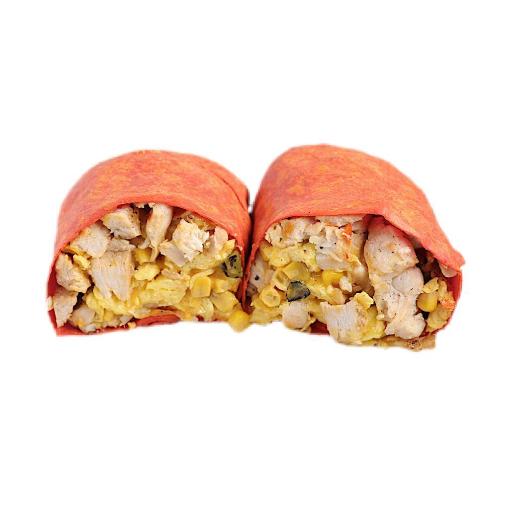 Bloody Vegan · Plant-based scrambled eggs with our mix of corn, red pepper, and onion, vegan cheese and avocado on a roasted red pepper tortilla.