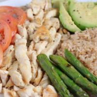 Goddess · Boneless chicken breast on a bed of brown rice mixed with asparagus, 1/2 avocado, scallions,...