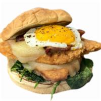 Knight Bac · Zero-hormones breaded chicken breast, spinach, sunny side egg, cheese, bacon. ( ridiculously...