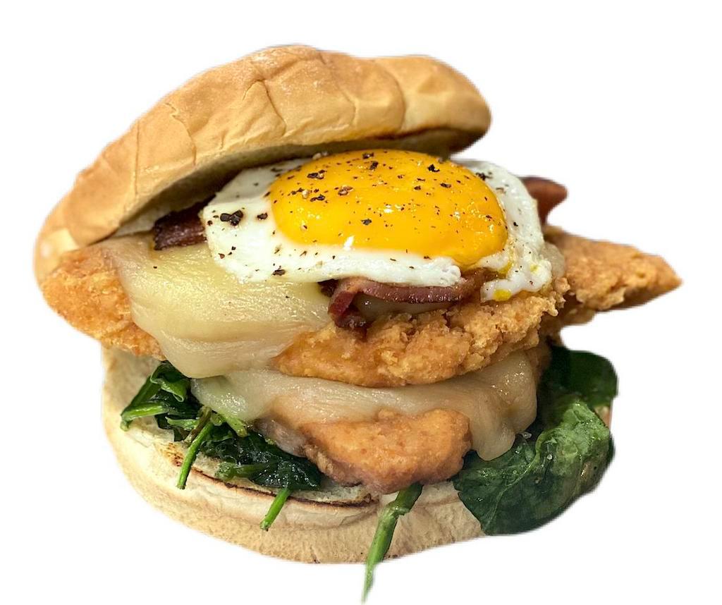 Knight Bac · Zero-hormones breaded chicken breast, spinach, sunny side egg, cheese, bacon. ( ridiculously popular )