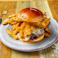 Whiskey Beer Burger · 1/2 lb. Certified Angus beef burger served on a cream ale bun topped with pepper jack cheese...