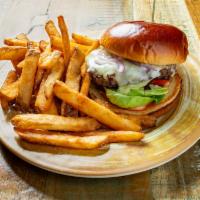 Danny Boy Burger · 1/2 lb. certified Angus beef burger served on a cream ale bun, topped with Irish cheddar, Th...