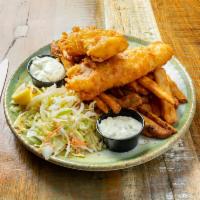 Full Fish and Chips · Two Pieces of Atlantic Beer-battered cod served with fries, cabbage salad, and tartar sauce.