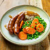 Bangers and Mash · 2 succulent pork sausages sitting on top of mashed potatoes and brown gravy. Served with pea...
