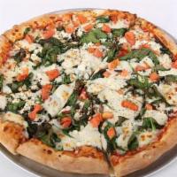 Popeye Pizza · Spinach, basil, garlic, feta cheese, tomato and mozzarella cheese.  