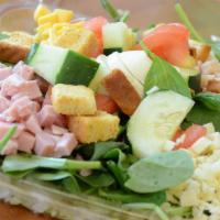 Chef's Salad · Lettuce or spinach, tomatoes, onion, cucumber, egg slices, turkey, ham, Swiss, and American ...