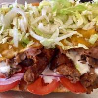 The Soprano Sandwich · Grilled roast beef, cheddar cheese, tomatoes, red onion, horseradish mayo and lettuce. Serve...