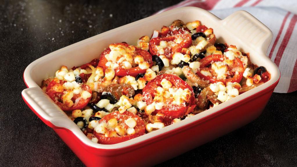 Garden Pizza Bowl · 2 servings. Crustless pizza with mushrooms, black olives, onions, and sliced tomatoes, baked with our original sauce and signature three cheeses, plus feta, topped with romesan seasoning and garlic sauce.