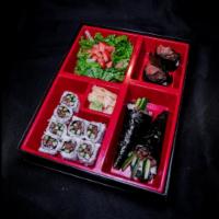 Wagyu Bento Box 超值和牛便当 · Comes with Wagyu Sushi Roll, Wagyu Hand Roll, Wagyu Gunkan Maki, and Lettuce Salad.