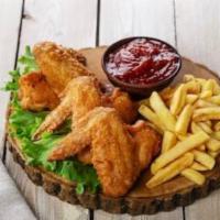 3 Piece Chicken Wings combo · Served with rice or fries and include salad and soda.