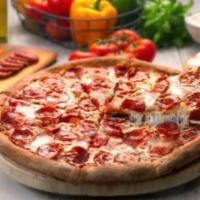 Extra Cheese and Pepperoni Pizza Pie · Extra cheese and pepperoni topping.