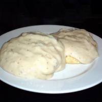 Biscuits & Gravy · A southern favorite…one buttery biscuit split and covered in sausage gravy.