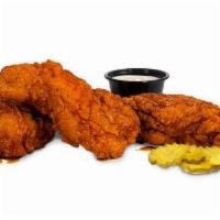 3 Piece Hot Chicken Tenders · crispy chicken tenders • heat choice •  pickles • choice of dip