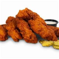 6 Piece Hot Chicken Tenders · crispy chicken tenders • heat choice •  pickles • choice of dip