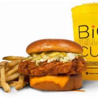 Hot Chicken Sandwich with Cheese Combo · small fries, tots, mac & cheese or coleslaw & a big yellow cup