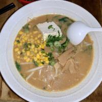 Vegetable Curry Ramen · Miso-based vegetarian curry broth with corn, menma, bean sprouts, spinach, tofu and scallion.