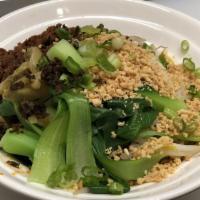 Dan Dan Noodles · No soup. Shanghai-style brothless noodle dish topped with grounded pork, bean sprouts, bok c...