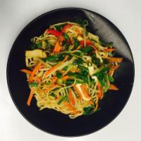 Vegetarian Chow Mein · Tibetan-style stir-fried noodles with carrots, snow peas, seasoned tofu, bean sprouts and sc...