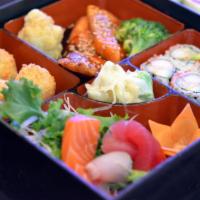 Bento Box Dinner · Served with fried Shumai, California roll, and 3 piece of sushi Tuna, salmon,and  white fish...