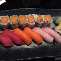 Triple Color Sushi · 3 pieces tuna, 3 pieces salmon and 3 pieces yellowtail with choice of roll. Served with miso...