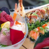 Sushi and Sashimi for 2 Entree · 25 pieces of sashimi and 10 pieces of sushi, with dragon roll and rainbow roll.