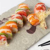 76 PEARL ROLL · Shrimp Tempura,Cucumber,topped with spicy tuna and spicy salmon Avocado in soy wrap wasabi m...