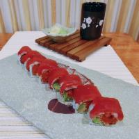SHOHOKU ROLL · Spicy tuna, avocado, crunch inside. tuna on the top