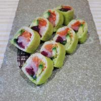 OSAKA ROLL · Tuna, salmon, Yellow tail, Jalapeno, Avocado, Masago, scallion. wrapped with soy paper