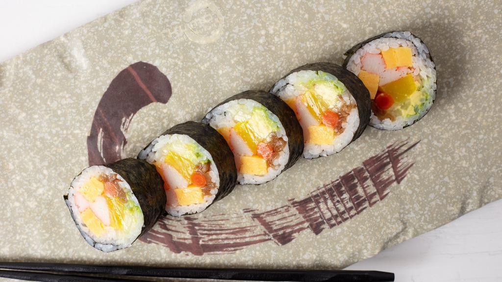  Futo Maki Roll · 5 pieces. Egg , Kani, Asparagus, Oshinko, Yamagobo, Cucumber Inside.