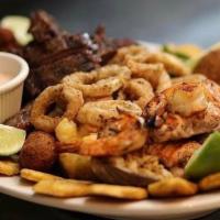 Mixta · Seafood and meat combination : Fried chicken , pork, beef, croquettes, shrimp, calamari, cla...