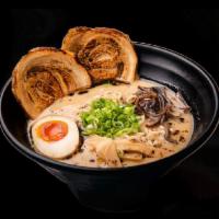 Tamashii Ramen · Curly noodle with chashu, egg, scallion, corn, wood ear and stir-fried bean sprout with grou...