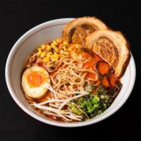 Tamashii Volcano Ramen · Curly noodle with chashu, egg, scallion, corn, wood ear, and stir-fried bean sprout with gro...