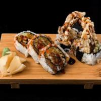 Spider Roll · Softshell crab with cucumber and masago dripped with eel sauce.
