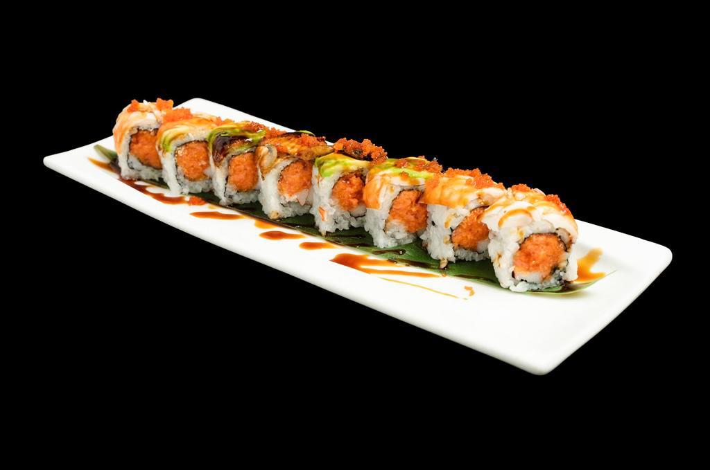 Fairfax Roll · Spicy tuna, crab stick, topped with eel, shrimp and avocado.