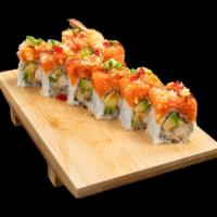 Scorpion Roll · Shrimp tempura, avocado, topped with spicy tuna, spicy mayo and eel sauce.