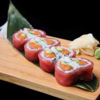 Valentines Roll · Spicy tuna, avocado, topped with tuna (wrapped in heart shape).