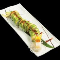 Dragon Roll · Eel cucumber topped with avocado and sesame eel sauce.