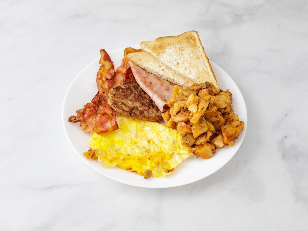 10. The Big Country Platter · 3 eggs any style with sausage, ham, bacon and cheese. Served with home fries and toast.