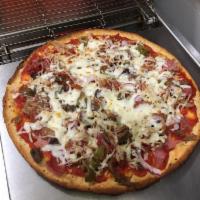 The Gila Monster · marinara, capicola ham, bacon, pulled pork, pepperoni, olives, onions, mozzarella, parmesan