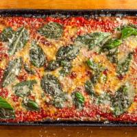 Sicilian Pie · Olive Oil, Plum Tomato, fresh Basil and a Blend of Cheeses. Twice Baked in a Pan.
