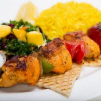 Chicken Kabob · Kabob style grilled chicken marinated in lemon juice, extra virgin olive oil and spices.