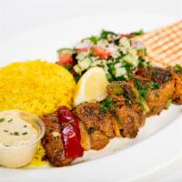 Angus Beef Kabob · Kabob style grilled beef marinated in lemon juice, extra virgin olive oil and spices.