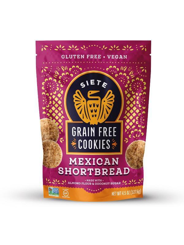 Siete Mexican Shortbread Cookie (4.5 Oz) · These Grain Free Mexican Shortbread Cookies are made from a lightly sweetened blend of almond flour, pecan pieces, with a dash of cinnamon.