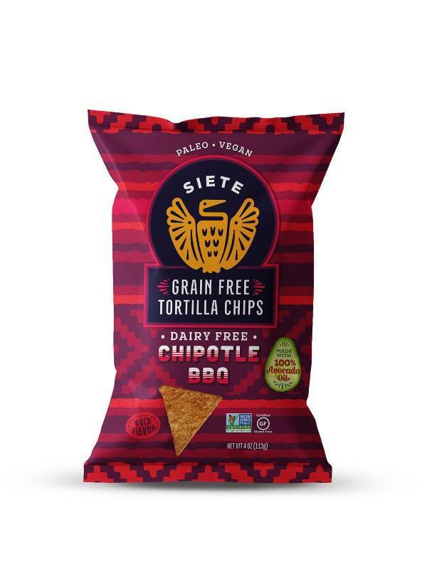Siete Chipotle Bbq Tortilla Chips (4 Oz) · Our Grain Free Chipotle Barbecue Tortilla chips are the result of our Mexican-American roots, and Tex-Mex flavor-craze. These chips have a hazy heat and little kick, but just enough to suggest you kick your feet up, and dream of barbecue for days.